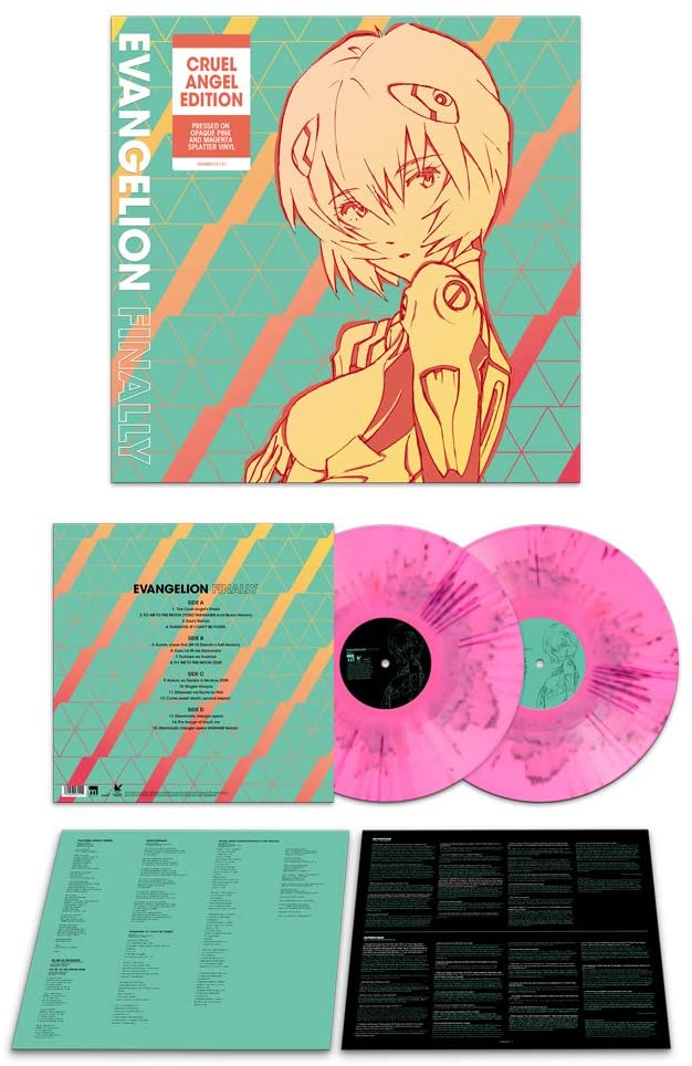 『EVANGELION FINALLY』のジャケット、ピンク系のレコード2枚、封入物を並べた商品見本